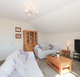 A living room with two sofas a wooden coffee table a television on a stand and a wooden cabinet at The Cider Shed in Winscombe