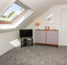 A room with a skylight window a television on a stand a cabinet a lamp and a clock at Little Valley View in Angarrack
