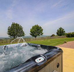 A hot tub with trees and a grassy area at Hunters Moon in Tenbury Wells