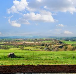 A rural landscape with green fields and a tree stump behind a metal fence at The Chestnuts in Tenbury Wells
