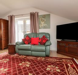 A living room with green leather sofa red cushions television on wooden cabinet and red patterned rug at Scenic Views in High Bickington