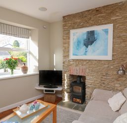 A living room with a sofa a wood burning stove and a television by a window at 1 Baileys Cottage in Stoke Fleming