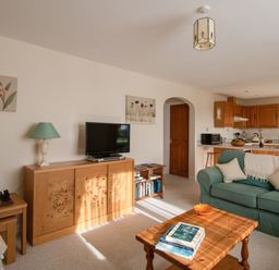 A living room with a green sofa cushions wooden coffee table books TV and a kitchen in the background at Willow Barn in Cucklington near Wincanton