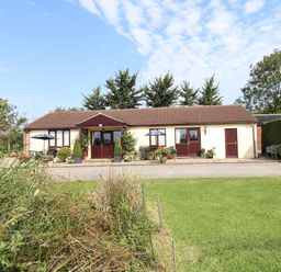 A single-story house with brown roof and front patio with umbrellas and chairs surrounded by green lawn and trees at Little Barn in Cucklington near Wincanton