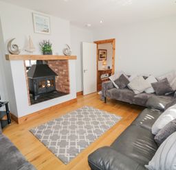 A living room with two sofas a rug a fireplace and a television at SeaShells in Castlerock