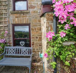 A stone cottage wall with two windows a gray bench and pink climbing flowers at Inglenook Cottage in Broad Haven