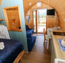 A living space with a bed, sofa, and kitchenette at Bwthyn Bach Brefi in Llanddewi-Brefi