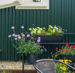 A garden with flower pots on a black metal stand at Onnen Oakford near Aberaeron
