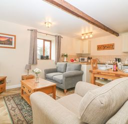 A living room and kitchen area with sofas a wooden coffee table a dining table and kitchen appliances at Hilly Field Barn in Yelverton