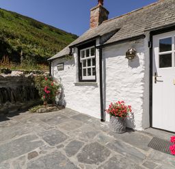 An entrance to a white stone cottage with a white door and flowers in pots at Harbour Cottage in Boscastle