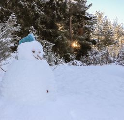 A snowman with a blue hat in a snowy forest at Wildcat Lodge Feshiebridge near Aviemore