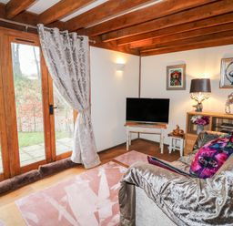 A living room with wooden beams glass doors television couch and decorative pillows at Honeypot Lodge in Camelford