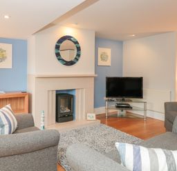 A living room with grey sofas, a fireplace, a TV on a glass stand, and blue accent walls at 42 Dart Marina in Dartmouth
