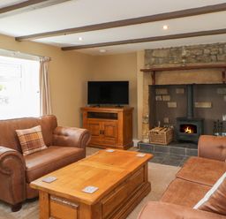 A living room with two brown sofas a wooden coffee table a stone fireplace with fire a wooden TV stand and a window with curtains at Crag View in West Woodburn