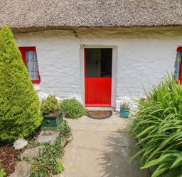 The entrance of a white cottage with a thatched roof red door and windows surrounded by green plants and shrubs at Mary Rose Cottage Cordal near Castleisland County Kerry
