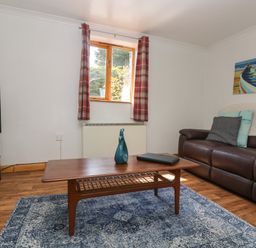 A living room with a brown leather sofa blue and gray cushions a wooden coffee table on a blue patterned rug and a television on a black stand near a window with red plaid curtains at Swallow Cottage in Bude