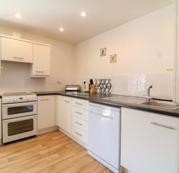 A kitchen with white cabinets black countertops a stove sink dishwasher and washing machine at The Dairy in Bude