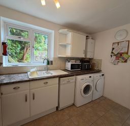 A kitchen with a sink, washing machine, and dishwasher at Derlwyn, Newport, Pembrokeshire