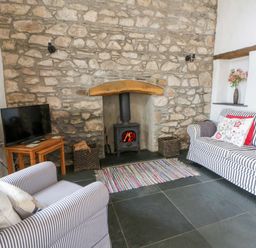 A living room with a fireplace and television at West End Cottage Newport, Pembrokeshire