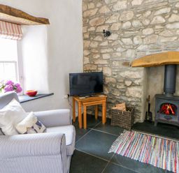 A living room with an armchair and television at West End Cottage in Newport, Pembrokeshire