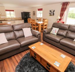 A living room and kitchen area with two brown sofas a wooden coffee table a dining table and chairs at Gwyddno Lodge in Narberth Pembrokeshire