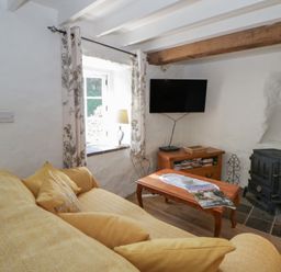 A living room with a sofa and television at End Cottage in Newport, Pembrokeshire