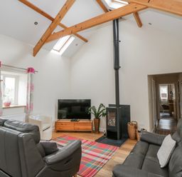 A living room with a television and wood stove at Y Felin in Cardigan, Ceredigion