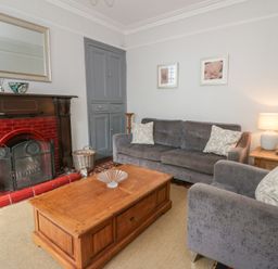 A living room with a fireplace and sofa at Dewi Villa in Aberarth, Ceredigion