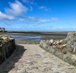 A paved pathway leading to a sandy beach with houses on the left and stone walls on both sides at Dolwylan in Newport Pembrokeshire