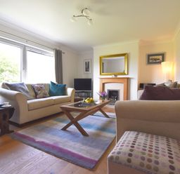 A living room with two sofas a wooden coffee table a fireplace and a television at Greenfields in St Davids Pembrokeshire