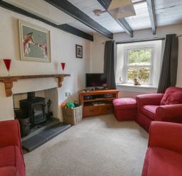 A living room with a fireplace and sofa at Panteg, Cardigan Llangoedmor Cardigan