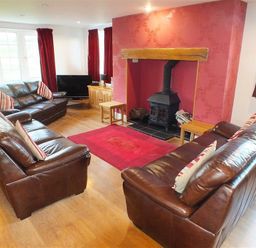 A living room with brown leather sofas a red rug a fireplace and a television at Sarnau in Efailwen Carmarthenshire