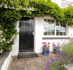 An entrance with a black door and flower pots at Beach Retreat in Aberporth