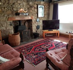 A sitting room with two armchairs a red patterned rug a fireplace stone wall a wooden TV stand with a television and a bookshelf at Granston Cottage in Castlemorris Pembrokeshire