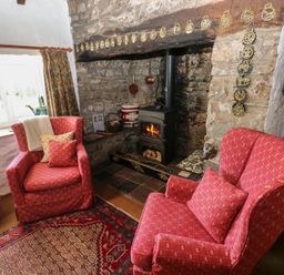 A sitting area with two red armchairs a fireplace with a wood-burning stove a stone wall and a window at Ty-Newydd Cottage in Nevern near Newport Pembrokeshire