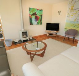 A living room with a glass coffee table a wood stove a television on a wooden stand and two sofas at High Banks in Dartmouth