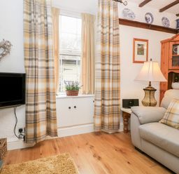 A living room with a sofa lamp and television near a window with plaid curtains at Dalesway Cottage in Bowness-On-Windermere