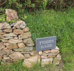 A stone wall with a sign that reads Tyddyn Haidd surrounded by grass at Tyddyn Haidd in Amlwch
