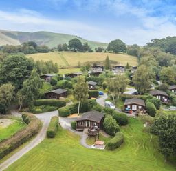 A cluster of wooden cabins surrounded by greenery and trees on a hillside at Hillside View in Rhayader