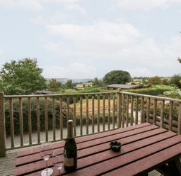 An outdoor patio with a table, champagne, and glasses at Sunny View in Rhayader