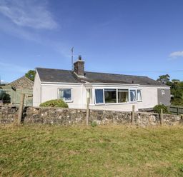 A single-story house with a stone wall and fenced grass area at Berth in Afonwen near Criccieth