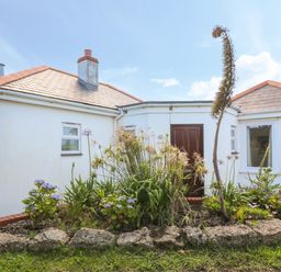 A white bungalow with a dark brown door and a garden bed with plants and flowers in front at Rospletha Bungalow in Treen