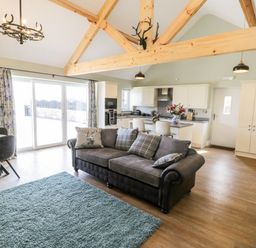 An open plan living room and kitchen with wooden beams and a sofa at Stag Cottage at Broadings Farm in Whitby