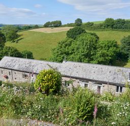 A stone building with a slate roof surrounded by greenery and fields at Haytor Cottage in Cornworthy
