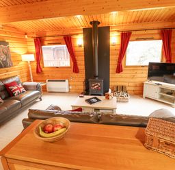 A living room with leather sofas cushions with union jack on a coffee table and a wood stove at Great Leap in Louth