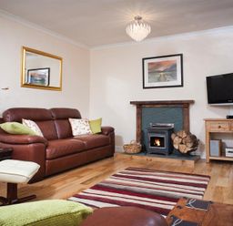 A living room with a brown leather sofa fireplace and television at Nutwood in Lakeside