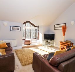 A living room with leather sofas, decorative cushions, a television on a glass stand, a rug, a small table with a vase, and large windows at Spring Cottage in Ambleside