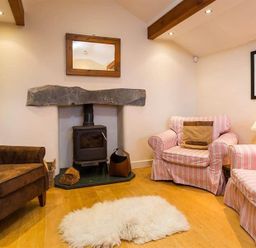 A living room with a wood stove fireplace two armchairs pink striped and brown and a fluffy white rug at Ivy Cottage in Ambleside