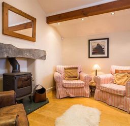 A sitting area with two striped armchairs a wood burning stove and a mirror above the fireplace at Ivy Cottage in Ambleside