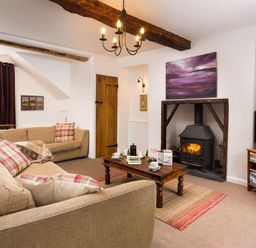 A living room with two sofas a wood stove a coffee table and a television at Pollys Cottage in Langdale